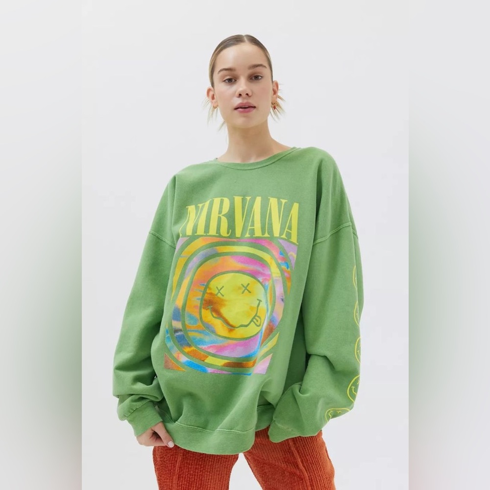 Urban Outfitters Nirvana Smile Over Dyed Crew Neck Sweatshirt